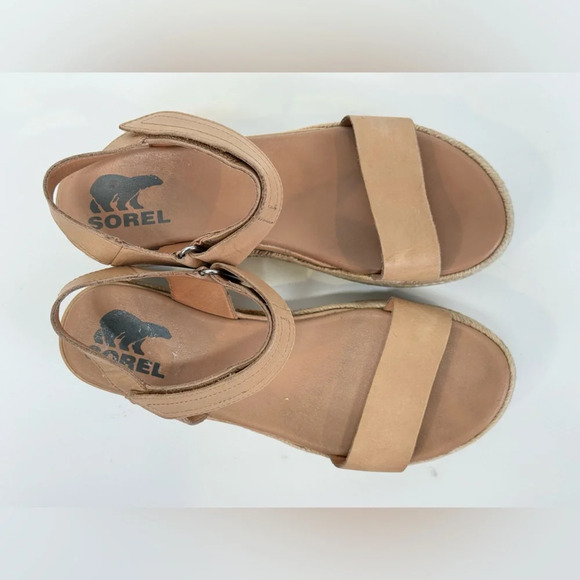 SOREL Tan rattan CAMERON platform Velcro ankle strap sandals size 7.5 - Picture 7 of 8